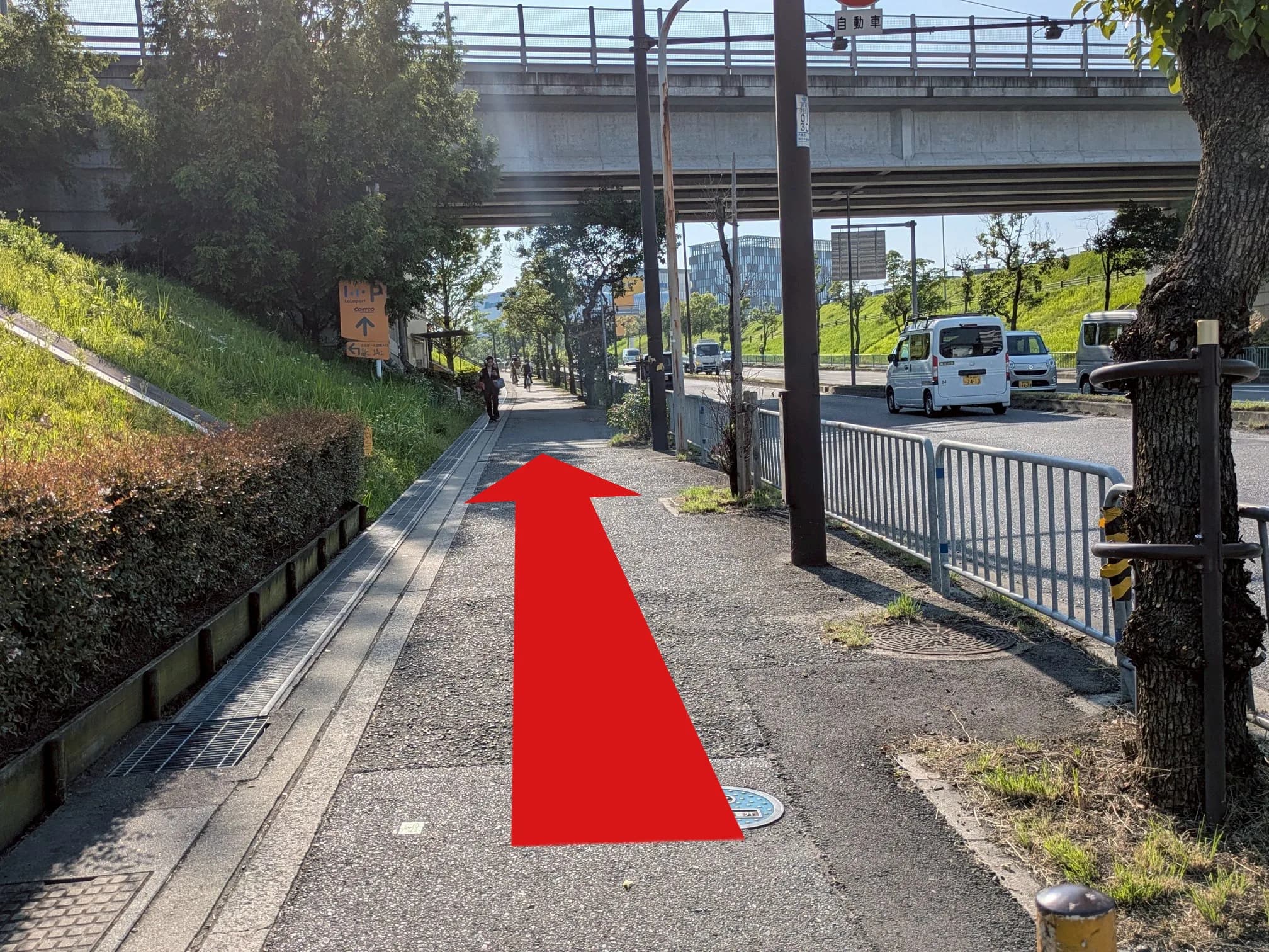 ららぽーと和泉店への道順 3: 道なりに直進、高架下 バス停から