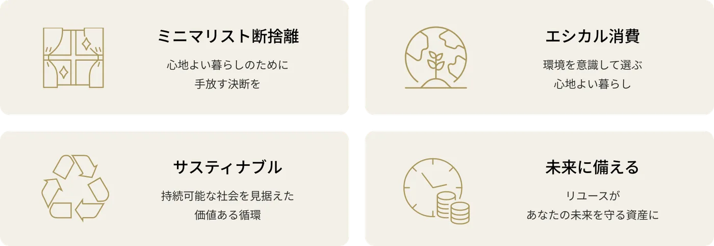 ミニマリスト断捨離（心地よい暮らしのために手放す決断を）／エシカル消費（環境を意識して選ぶ心地よい暮らし）／サスティナブル（持続可能な社会を見据えた価値ある循環）／未来に備える（リユースがあなたの未来を守る資産に）